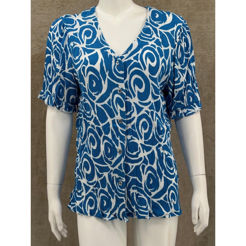 Coral Bay Top Women 1X Blue White Abstract Button Up V-Neck Office Travel Summer